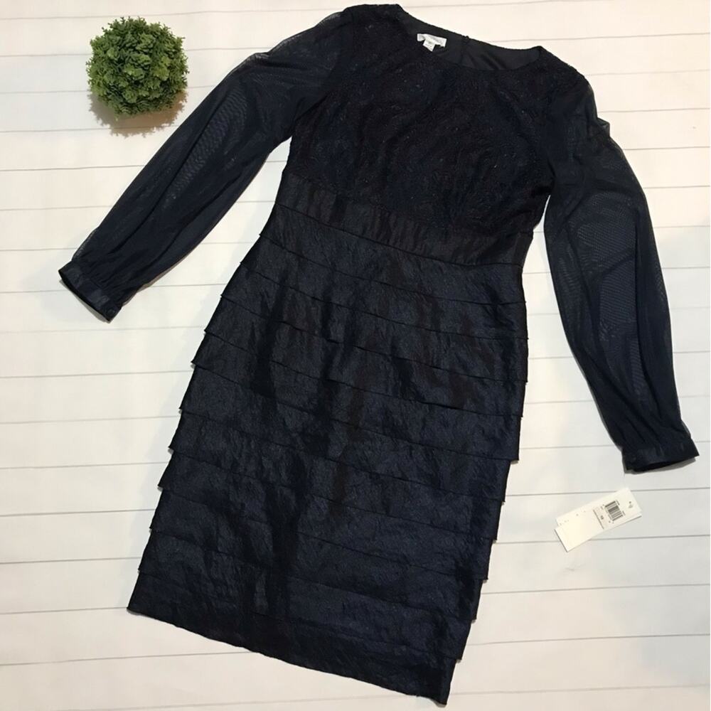 London Times‎ NWT Blue Layered Ruffle Sherrie Long Sleeve Sheath Pencil Dress